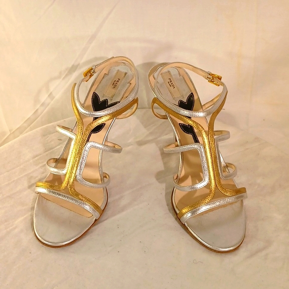 🔥 Like New Prada (Milano) Silver & Gold Leather Strap Heels - Picture 1 of 16